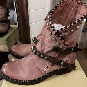 AS98 Vianne moto boots, mauve vintage style burnished leather, EUC with box